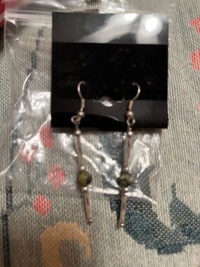 Silver Drop Earrings with Olive Green Bead
